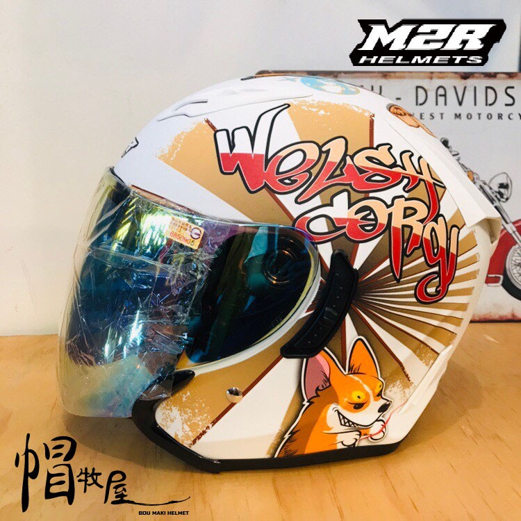 【帽牧屋】 M2R J-5 #6 柯基 柴犬 四分之三罩安全帽 內藏墨鏡 內襯全可拆洗 半罩 3/4 消光黑白